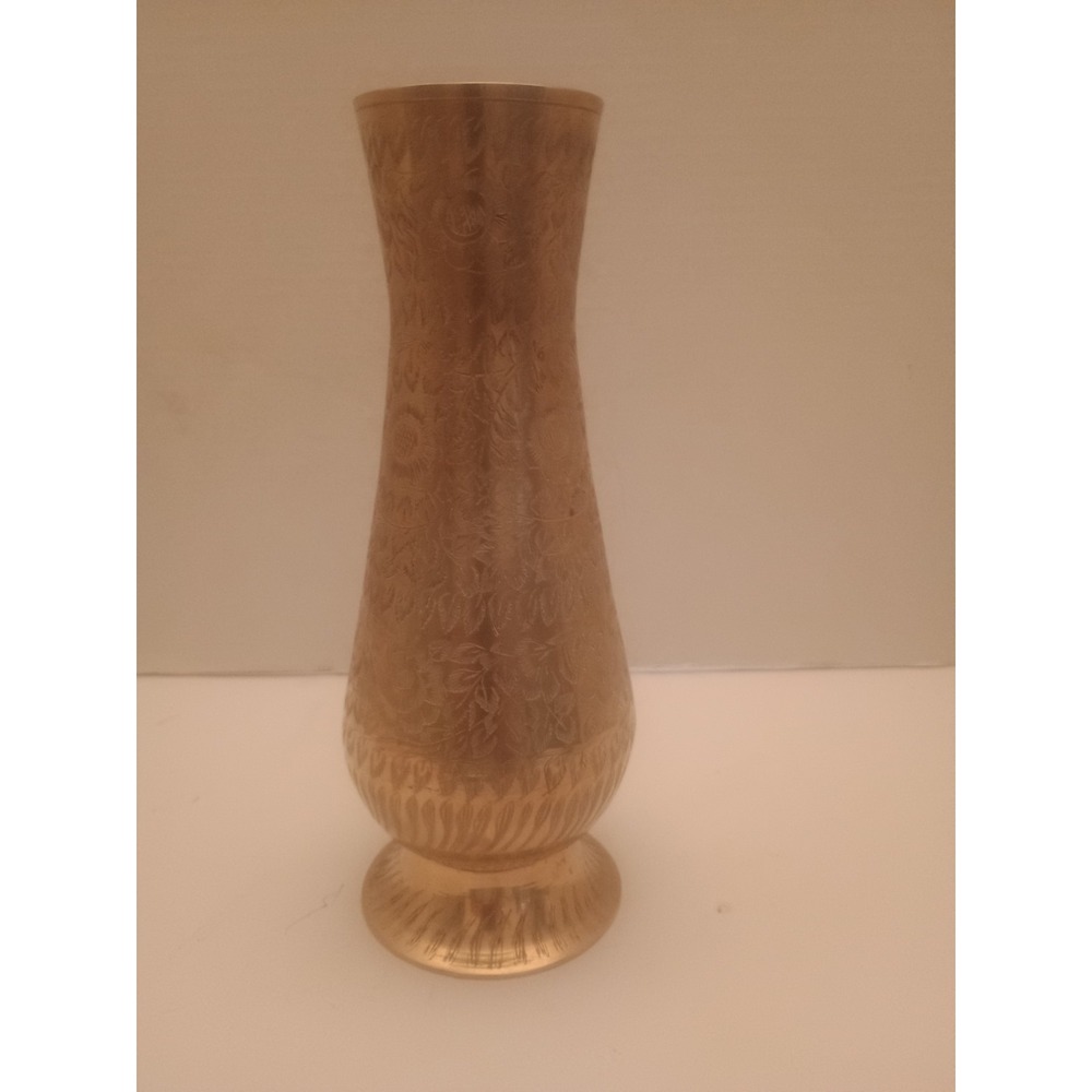 vintage etched brass vase india Bud Vase 9" Tall